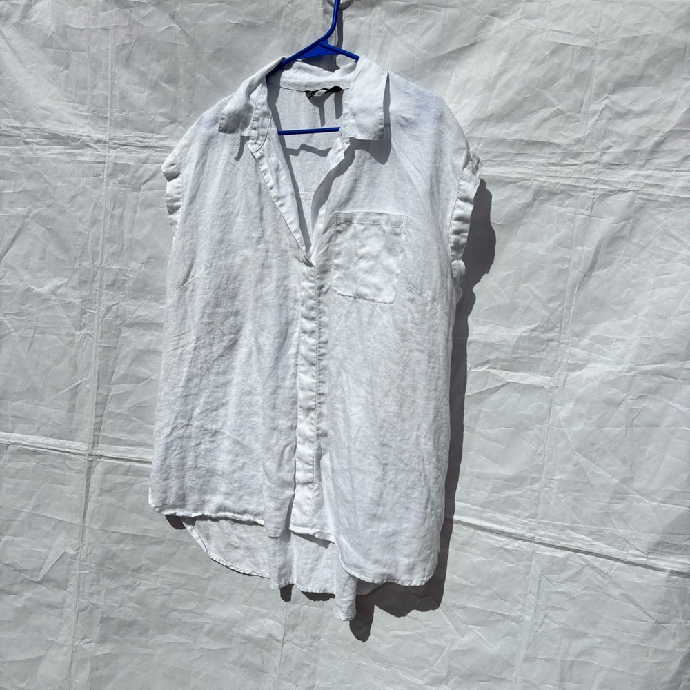 Ellen Tracy White Short Sleeve Linen-Blend Button Down Shirt